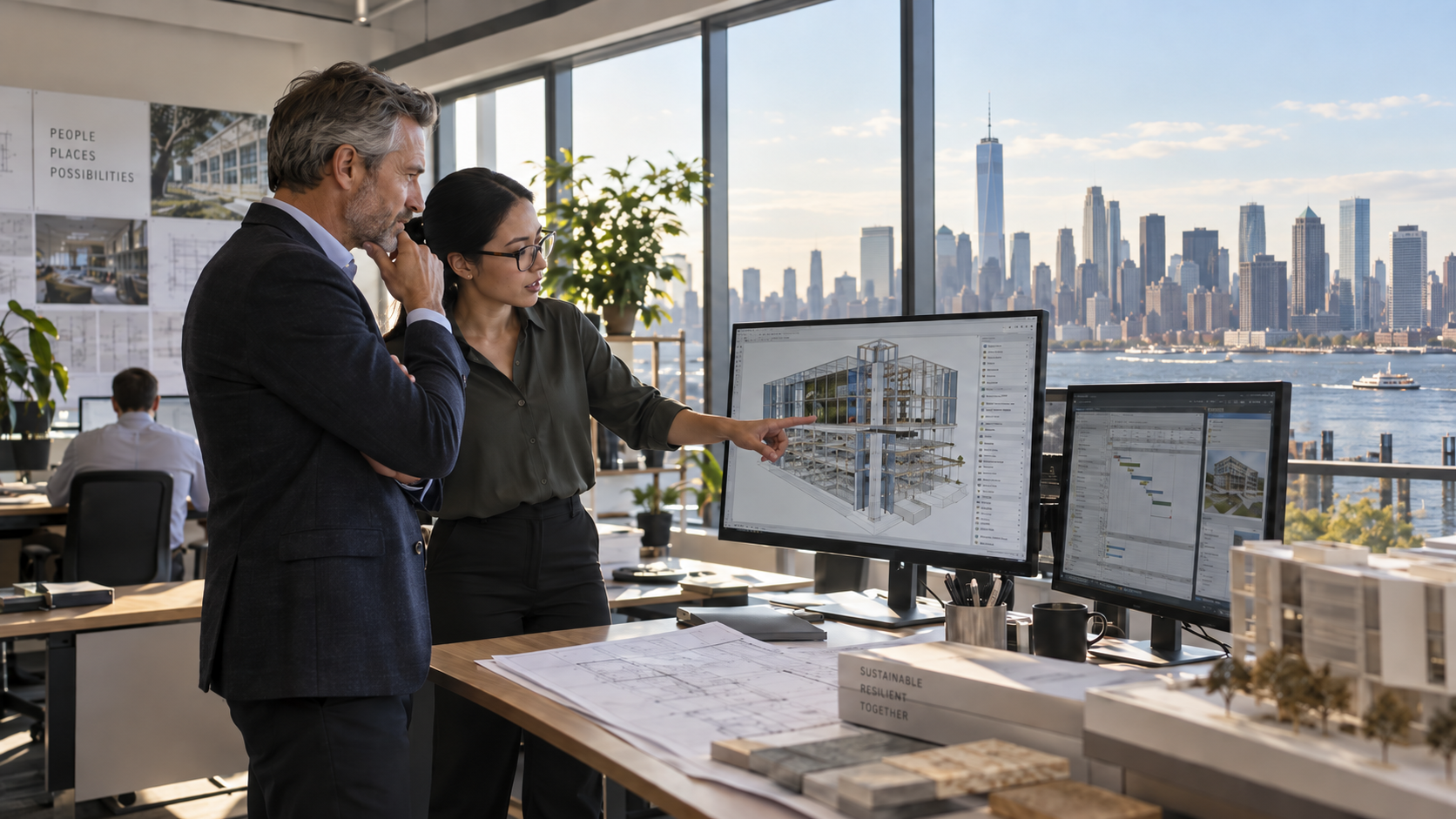 Architect and engineer reviewing a BIM model in a New Jersey office overlooking the New York City skyline.