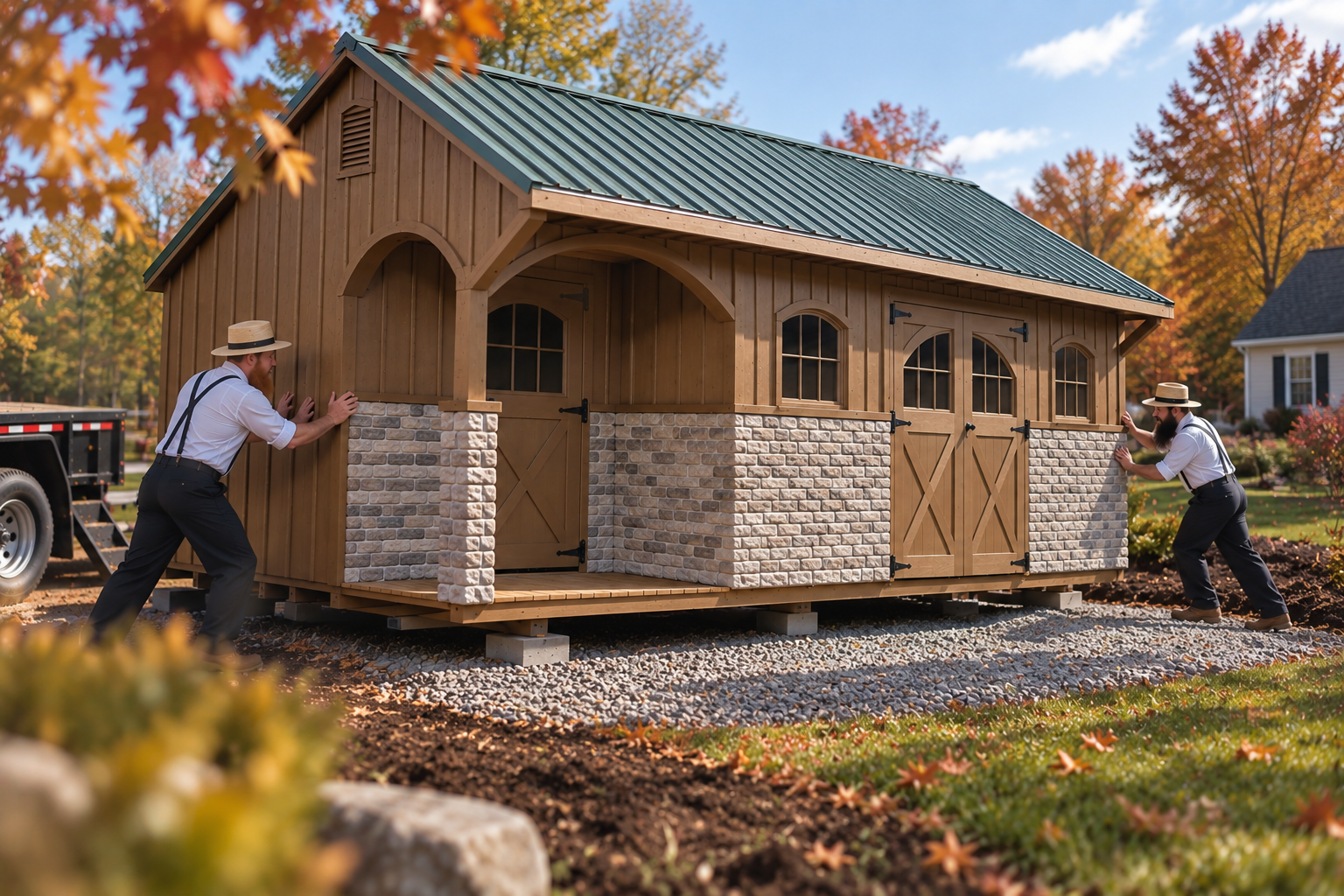 Two Amish builders guiding a finished wood shed off a Shed Mule trailer onto a prepared gravel pad