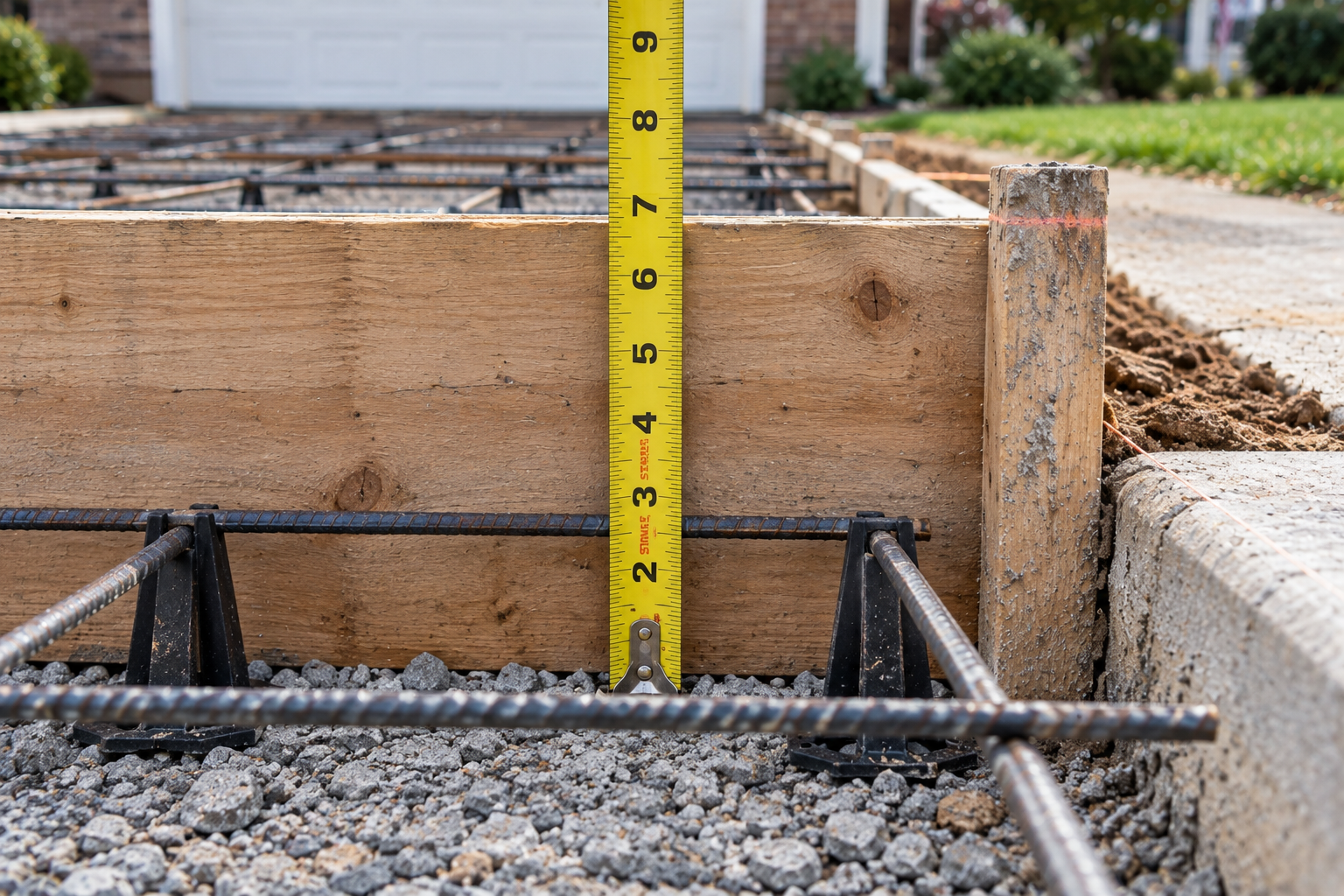 ape measure showing seven inches of depth inside the form for a concrete driveway apron, with rebar supported on chairs.