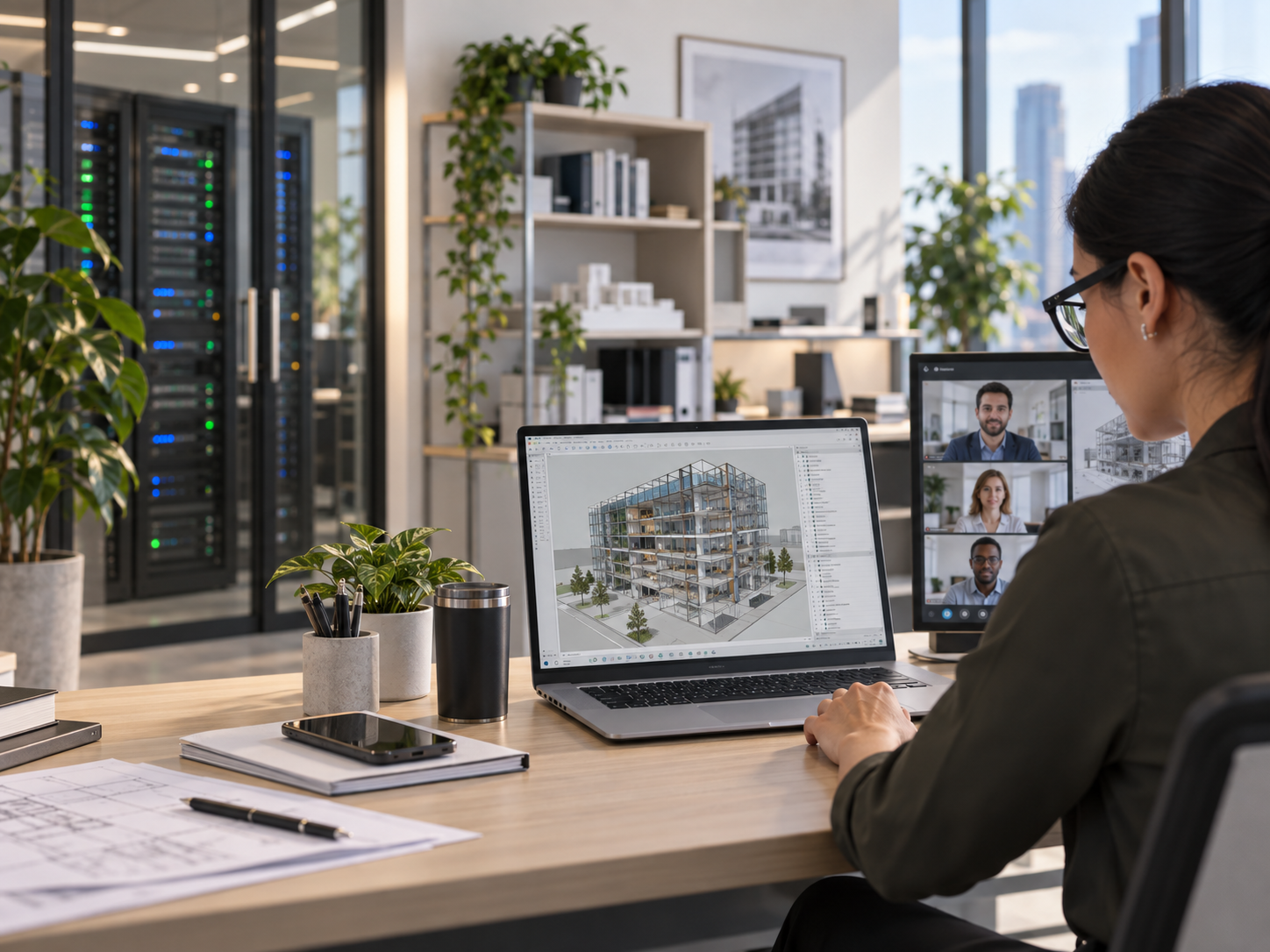 AEC professional reviewing a BIM model while collaborating with remote team members, with local server infrastructure visible in the office.